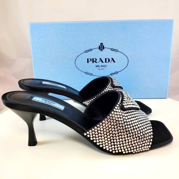 NWT$1,650 PRADA Satin Crystal Open Toe Logo Embellished Slides Mules Sz 39 - Picture 12 of 17